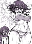  1boy 1girl ahoge arms_behind_head arms_up ass_visible_through_thighs black_hair blush breasts cameltoe covered_navel danganronpa_(series) danganronpa_v3:_killing_harmony flipped_hair from_below genderswap genderswap_(mtf) hair_between_eyes heart highres kuchi_~ie large_breasts looking_at_another looking_at_viewer oma_kokichi open_mouth revealing_clothes ringed_eyes saihara_shuichi school_swimsuit short_hair sketch sweat sweatdrop swimsuit thighs translation_request wet wet_clothes wet_hair wet_swimsuit white_background 