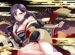  1girl alternate_costume azur_lane bare_shoulders black_hair black_kimono breasts circlet cleavage collarbone commission commissioner_upload cosplay earrings fingernails fire_emblem fire_emblem:_the_blazing_blade folding_fan friedrich_der_grosse_(azur_lane) friedrich_der_grosse_(azur_lane)_(cosplay) friedrich_der_grosse_(dark_raiments_of_gagaku)_(azur_lane) friedrich_der_grosse_(dark_raiments_of_gagaku)_(azur_lane)_(cosplay) fur-trimmed_kimono fur_trim hand_fan highres holding holding_fan japanese_clothes jewelry kimono large_breasts lipstick long_fingernails long_hair looking_at_viewer low_neckline makeup mature_female mu_tu_bu nabatame_hitomi nail_polish new_year non-web_source off_shoulder panties panty_peek pixiv_commission purple_panties red_nails red_sash sash smile solo sonia_(fire_emblem) thighs underwear voice_actor_connection yellow_eyes 