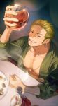  1boy absurdres bara cup earrings food green_kimono grey_hair highres holding holding_cup japanese_clothes jewelry kimono large_pectorals male_focus muscular muscular_male one_eye_closed one_piece open_mouth pectorals plate poipoisky72 roronoa_zoro scar scar_across_eye scar_on_chest scar_on_face short_hair smile solo 