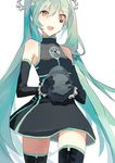  absurdres detached_sleeves dress gears green_hair hair_between_eyes hair_ornament hat hat_removed hatsune_miku headwear_removed highres holding holding_hat long_hair open_mouth rabiya red_eyes sadistic_music_factory_(vocaloid) smile solo thighhighs twintails vocaloid white_background 