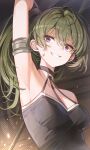  1girl absurdres armpits arms_up black_choker breasts choker commentary_request green_hair highres misyune ponytail purple_eyes smile solo sousou_no_frieren teeth ubel_(sousou_no_frieren) 