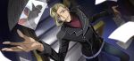  1boy arm_up artist_request bangs_pinned_back black_jacket blonde_hair blue_eyes blue_pants blurry blurry_foreground buttons code_geass code_geass:_lost_stories constricted_pupils diethard_ried double-breasted forehead from_above game_cg happy highres indoors jacket long_sleeves looking_up male_focus medium_hair non-web_source official_art pants paper parted_lips photo_(object) ponytail raised_eyebrows red_shirt shirt smile solo stairs standing turtleneck_shirt zero_(code_geass) 