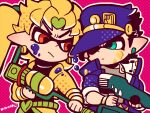  2boys alternate_species black_hair blonde_hair blue_coat blue_headwear chibi chibi_only closed_mouth coat dio_brando green_eyes gun hat_over_one_eye holding holding_gun holding_weapon inkling jacket jet_squelcher_(splatoon) jojo_no_kimyou_na_bouken kotorai kujo_jotaro looking_at_another male_focus multiple_boys no_nose outline paint pink_background pointy_ears red_eyes short_hair signature splat_roller_(splatoon) splatoon_(series) upper_body v-shaped_eyebrows weapon white_outline yellow_jacket 