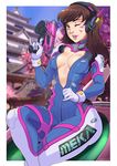  blurry blurry_background bodysuit breasts brown_eyes brown_hair cleavage d.va_(overwatch) facial_mark gloves gun headphones high_collar highres hizzacked holding holding_gun holding_weapon long_hair medium_breasts meka_(overwatch) no_bra one_eye_closed overwatch parted_lips pilot_suit pink_lips ribbed_bodysuit shoulder_pads skin_tight solo unzipped weapon whisker_markings 