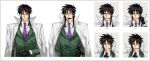  1boy black_eyes black_gloves black_hair closed_eyes coat collared_shirt commentary_request expressions gloves green_jacket headset highres houlong_siche itou_kaiji jacket kaiji long_hair looking_at_viewer male_focus medium_bangs multiple_views necktie one_eye_closed open_mouth purple_necktie scar scar_on_cheek scar_on_face shirt simple_background smile striped_clothes striped_jacket suit upper_body vertical-striped_clothes vertical-striped_jacket white_background white_coat white_shirt 