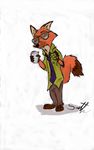  badge beverage black_nose canine clothing coffee cup disney eyewear fox fur mammal necktie nick_wilde orange_fur quirky-middle-child sticker sunglasses zootopia 