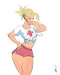  bandaid bandaid_on_nose bare_legs blonde_hair breasts brown_eyes commentary covered_nipples front-tie_top hand_on_hip high_ponytail lifeguard medium_breasts mercy_(overwatch) midriff navel overwatch philip_bawasanta ponytail red_cross short_hair short_shorts shorts sketch solo whistle 