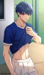  1boy blue_hair clothes_lift hair_between_eyes highres idolish7 male_focus midriff momo_(idolish7) navel pink_eyes sana423 shirt_lift short_hair shorts solo standing stomach white_shorts 