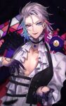  1boy absurdres bishounen black_choker black_eyeshadow blue_eyes blue_hair choker colored_skin creature creature_on_shoulder english_commentary eyeshadow facing_viewer frilled_shirt frills gavis_bettel gavis_bettel_(2nd_costume) gradient_skin grey_hair heterochromia highres holostars holostars_english jewelry looking_at_viewer makeup male_focus multicolored_hair multicolored_skin multiple_rings official_alternate_costume official_alternate_hairstyle on_shoulder parted_lips pectoral_cleavage pectorals phantom_(gavis_bettel) pink_eyes pink_hair pink_lips purple_skin reaching reaching_towards_viewer ring shirt short_hair smile solo stained_glass twitter_username upper_body virtual_youtuber white_shirt xerionelos 