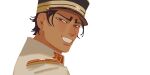  1boy brown_coat brown_eyes brown_hair chengongzi123 coat collared_coat dark-skinned_male dark_skin golden_kamuy grin hat koito_otonoshin looking_at_viewer male_focus military_hat portrait short_hair simple_background smile solo very_short_hair white_background 