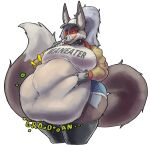 absurd_res anthro anthro_pred belly big_belly big_breasts bloated bottomwear braces breasts canid canine canis clothing collar cutoffs daisy_dukes denim denim_bottomwear denim_clothing digital_media_(artwork) dipstick_tail duase eyewear female female_pred fingerless_gloves fluffy fluffy_tail fur glasses gloves grey_body grey_fur hair handwear hi_res hotpants huge_belly jacket legwear long_tail mammal markings ponytail round_glasses shirt shorts smaller_version_at_source smile sunglasses tail tail_markings tall_ears text text_on_clothing text_on_shirt text_on_topwear thick_thighs thigh_highs topwear unseen_prey vore white_hair wide_hips wolf zinny_(duase)