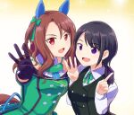  2girls animal_ears black_hair brown_hair buttons dress ear_covers female_trainer_(umamusume) gloves green_dress highres horse_ears horse_girl horse_tail king_halo_(umamusume) looking_at_viewer minu multiple_girls open_mouth purple_eyes red_eyes shirt smile tail umamusume upper_body white_shirt 