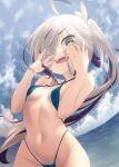  1girl ahoge asashimo_(kancolle) blue_one-piece_swimsuit blue_sky cloud criss-cross_halter day eyes_visible_through_hair fisheye grey_eyes grey_hair hair_over_one_eye halterneck highres horizon kantai_collection long_hair ocean one-piece_swimsuit outdoors ponytail sharp_teeth sky slingshot_swimsuit solo sparkling-rain swimsuit teeth 