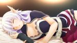  1girl atelier-moo bedroom breasts cleavage cowboy_shot dark_elf elf hair_between_eyes large_breasts long_hair long_pointy_ears lying on_bed open_mouth pointy_ears purple_hair silvia_milsteen skirt sleeping wizards_symphony 