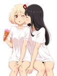  2girls ;o arm_support bare_legs black_hair blonde_hair blunt_bangs bob_cut breasts closed_eyes closed_mouth food food_on_face hair_ribbon highres holding holding_ice_cream_cone ice_cream ice_cream_cone inoue_takina kiss long_hair looking_at_viewer lycoris_recoil multiple_girls nishikigi_chisato one_eye_closed parted_lips profile red_eyes ribbon shirt short_hair short_sleeves sidelocks simple_background sitting small_breasts t-shirt thighs white_background white_shirt yuki_yuxtuke yuri 