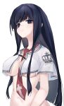  1girl :3 absurdres arms_at_sides between_breasts black_hair blue_eyes blunt_bangs blunt_ends blush breasts capelet cleavage closed_mouth commentary cross_print crown_print curvy dizzy_(nadecola9) english_commentary highres large_breasts long_hair looking_at_viewer navel necktie necktie_between_breasts no_bra print_necktie red_necktie school_uniform shy sidelocks simple_background smile solo straight_hair subarashiki_hibi sweatdrop takashima_zakuro upper_body white_background white_capelet 