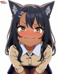  1girl :3 animal_ear_fluff animal_ears artist_logo asrto_records asymmetrical_bangs black_hair blush brown_cardigan brown_eyes cardigan cat_ears collared_shirt dark-skinned_female dark_skin earclip highres ijiranaide_nagatoro-san kemonomimi_mode leaning_forward long_hair looking_at_viewer making-of_available nagatoro_hayase nose_blush school_uniform shirt simple_background solo staring tan v-shaped_eyebrows white_background white_shirt 