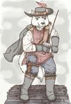  anthro boots canine clothed clothing costume cub digital_media_(artwork) footwear fur hat lavilovi male mammal melee_weapon musketeer simple_background solo sword weapon white_fur wolf young 