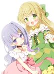  2girls black_choker blonde_hair blush choker collarbone cross-laced_clothes cross-laced_dress dress earrings green_dress green_eyes highres ichiyo12 jewelry long_hair looking_at_viewer multiple_girls open_mouth princess purple_eyes purple_hair ribbon silk_von_santana smile telestia_terra_esfort tensei_kizoku_no_isekai_boukenroku yellow_ribbon 