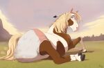 blush clothing diaper dreamworks equid equine feather_in_mane feces female feral hi_res hooves horse jager-darklite looking_at_viewer looking_back looking_back_at_viewer lying mammal mane on_grass on_ground on_side rain_(cimarron) soiling solo spirit:_stallion_of_the_cimarron underwear