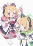  2girls absurdres animal_ear_headphones animal_ears atat250 black_skirt black_thighhighs blonde_hair blue_archive blush bow fake_animal_ears green_bow green_eyes green_halo hair_bow halo headphones highres holding holding_stylus jacket long_sleeves looking_at_viewer midori_(blue_archive) momoi_(blue_archive) multiple_girls open_clothes open_jacket open_mouth parted_lips pink_halo pleated_skirt red_bow red_eyes short_hair siblings simple_background sisters skirt stylus thighhighs twins white_background white_jacket 