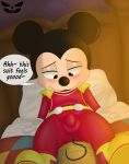 anthro bed bedroom black_eyes blush boots bulge clothing detailed_bulge disney footwear furniture gloves handwear headboard hi_res leaning leaning_backward light looking_at_own_crotch looking_down looking_pleasured lying male mammal mickey_mouse mouse murid murine narrowed_eyes open_mouth pepperbunny pillow racing_suit rodent shoulder_pads solo speech_bubble sunlight text tight_clothing watermark yellow_boots yellow_clothing yellow_footwear