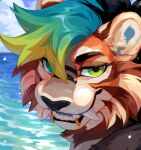 ambiguous_gender anthro big_fangs black_hair blonde_hair blue_eyes blue_hair blue_sky bridge_piercing brown_body brown_fur cheek_tuft cloud corzh77 facial_piercing facial_tuft fangs felid fur green_eyes green_hair grin hair heterochromia hi_res lip_piercing lip_ring looking_at_viewer mammal multicolored_body multicolored_fur multicolored_hair nose_piercing orange_body orange_fur outside piercing ring_piercing saber-toothed_tiger sabertooth_(anatomy) sky smile solo tan_body tan_fur teeth tuft water