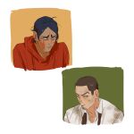  2boys black_hair brown_eyes brown_hair bruise bruise_on_face chengongzi123 closed_mouth collared_shirt dirty dirty_clothes facial_hair goatee_stubble golden_kamuy green_background grey_eyes highres hood hood_down hoodie injury koito_otonoshin long_sleeves looking_at_viewer male_focus multiple_boys necktie portrait red_hoodie shirt short_hair stubble tsukishima_hajime undone_necktie very_short_hair white_background white_shirt yellow_background 