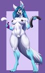  2016 4_toes anthro arctic_fox areola black_nipples black_nose blue_fur blue_hair breasts canine cheek_tuft digital_media_(artwork) digitigrade dildo double_dildo fangs female fox fur grey_eyes grin hair hi_res inviting kori long_hair looking_at_viewer lube mammal missy_(artist) multicolored_fur naughty_face nipples nude open_mouth pussy sex_toy shaded sharp_teeth simple_background soft_shading solo standing teeth toes tongue tuft two_tone_fur two_tone_tail white_fur white_tail 