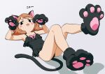  1girl :3 animal_ears animal_hands black_eyes black_one-piece_swimsuit blush_stickers casual_one-piece_swimsuit cat_ears cat_tail fangs flat_chest gloves highres legs_up light_brown_hair looking_at_viewer lying medium_hair on_back one-piece_swimsuit open_mouth original osame osame-chan paw_gloves paw_shoes smile solo swimsuit tail 
