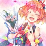  ahoge area_(zero9971) bare_shoulders blonde_hair blush bouquet bow closed_eyes double_v flower freyja_wion gradient_hair hair_bow hair_ornament heart highres idol_clothes macross macross_delta multicolored_hair open_mouth orange_hair red_flower red_rose rose short_hair smile solo tears upper_body v 