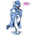  blue_hair breasts dialogue english_text female gardevoir hair hands_on_hips nintendo plagueofgripes pok&eacute;mon red_eyes shiny_pok&eacute;mon simple_background solo speech_bubble text video_games white_background wide_hips 