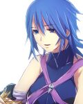  1girl aqua_(kingdom_hearts) bare_shoulders blue_eyes blue_hair breasts detached_sleeves hair_between_eyes kingdom_hearts kingdom_hearts_birth_by_sleep medium_breasts murata_tefu open_mouth short_hair simple_background smile solo white_background 