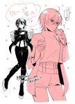  1girl ahoge akanashi_(bachi_ak) boots crepe cropped_sweater food greyscale highres hiyuki_(kagurabachi) holding jacket kagurabachi knee_boots long_sleeves monochrome multiple_monochrome multiple_views pants pink_theme short_hair simple_background suspenders translation_request white_background 