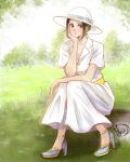  1girl anyumii136 belt brown_eyes commentary dress grass hand_on_own_cheek hand_on_own_face hat high_heels highres makino_(one_piece) one_piece signature sitting solo tree white_dress white_headwear 