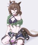  1girl absurdres agnes_tachyon_(lunatic_lab)_(umamusume) agnes_tachyon_(umamusume) ahoge animal_ears belt bikini black_bikini black_footwear black_gloves blush bracelet breasts brown_belt cleavage commentary_request criss-cross_halter denim denim_shorts ear_ornament gloves green_jacket hair_between_eyes halterneck highres horse_ears horse_girl horse_tail jacket jewelry looking_at_viewer medium_breasts messy_hair official_alternate_costume official_alternate_hairstyle open_mouth poyanchu red_eyes sandals short_hair short_ponytail shorts simple_background single_glove sitting smile solo swimsuit tail tied_jacket torn_clothes twitter_username umamusume wariza white_background wristband 