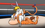  2016 anthro ballbusting balls big_balls big_breasts bloopa breasts cock_and_ball_torture digital_media_(artwork) feline female hair happy huge_balls hyper hyper_balls lagomorph male mammal nipples rabbit shiny slap smile wrestling 