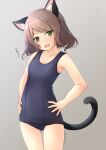 1girl animal_ears ass_visible_through_thighs black_one-piece_swimsuit bob_cut breasts brown_hair cat_ears cat_tail green_eyes grey_background hands_on_own_hips head_tilt highres looking_at_viewer old_school_swimsuit one-piece_swimsuit original school_swimsuit shibacha short_hair simple_background small_breasts smile solo swimsuit tail thigh_gap 