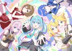  2boys 4girls absurdres aqua_eyes aqua_hair aqua_necktie black_sailor_collar black_thighhighs blowing_kiss blue_eyes blue_hair blue_nails blue_scarf bow brown_eyes brown_hair clover commentary_request detached_sleeves hair_between_eyes hair_bow hatsune_miku headphones highres kagamine_len kagamine_rin kaito_(vocaloid) long_hair looking_at_viewer megurine_luka meiko_(vocaloid) mouthpiece multiple_boys multiple_girls multiple_hairpins musical_note navel necktie one_eye_closed open_mouth patterned_background pink_hair project_sekai reaching reaching_towards_viewer sailor_collar scarf short_hair skirt sleeveless smile sparkle thighhighs twintails upper_body very_long_hair vocaloid yuzu_hirari 