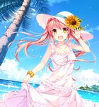  :d bare_arms beach bracelet breasts cleavage cloud cloudy_sky collarbone day dress flower hair_flower hair_ornament hat jewelry long_hair medium_breasts mochizuki_shiina ocean open_mouth original outdoors palm_tree pink_hair scrunchie skirt_hold sky smile solo sparkle sun_hat sundress sunflower_hair_ornament tree waving wrist_scrunchie yellow_eyes 