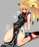  :d ahoge animal_ears armpit_peek bare_arms black_dress black_gloves black_hair blonde_hair blush breasts china_dress chinese_clothes commentary_request covered_navel cum cum_on_body cum_on_breasts cum_on_clothes cum_on_upper_body dress fingerless_gloves fox_ears fox_girl gloves highres kneeling long_hair looking_down medium_breasts multicolored_hair namco_x_capcom negresco nose_blush open_clothes open_mouth open_vest pelvic_curtain ponytail project_x_zone_2 red_eyes sidelocks sleeveless smile solo steam two-tone_hair vest xiaomu 