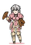  1girl armor baguette bread closed_mouth effie_(fire_emblem) fire_emblem fire_emblem_fates food green_eyes grey_hair hair_between_eyes hair_bun holding holding_food huss pink_armor solo 