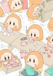  &gt;_&lt; absurdres blush_stickers box cardboard_box character_doll commentary_request flying_sweatdrops highres kirby kirby_(series) mitsu_tsugu needle no_humans sewing sewing_needle stuffing table waddle_dee 