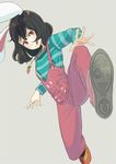 alternate_costume animal_ears aqua_shirt bad_id bad_pixiv_id black_hair bunny_ears carrot_necklace commentary_request dutch_angle full_body hair_between_eyes inaba_tewi kicking long_sleeves looking_at_viewer orange_footwear overalls p_no_hito pants red_eyes red_pants shirt shoe_soles shoes short_hair silver_background solo striped striped_shirt suspenders tongue tongue_out touhou 