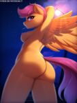 2024 aged_up anthro breasts butt digital_media_(artwork) equid equine eyebrows eyelashes feathered_wings feathers female friendship_is_magic genitals hair hand_behind_head hasbro hi_res looking_at_viewer looking_back looking_back_at_viewer mammal my_little_pony mythological_creature mythological_equine mythology nipples nude pegasus purple_eyes purple_hair pussy scootaloo_(mlp) short_hair solo tail text twistedscarlett60 url wings