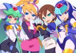  4girls aile_(mega_man_zx) android armor black_bodysuit blonde_hair blue_eyes blush bodysuit bodysuit_under_clothes breasts brown_hair ciel_(mega_man) crossed_arms dress fairy_leviathan_(mega_man) gloves green_eyes green_hair hair_between_eyes helmet kaidou_zx long_hair mega_man_(series) mega_man_zero_(series) mega_man_zx multiple_girls pandora_(mega_man) pink_dress polearm ponytail red_eyes shorts staff unamused weapon white_armor white_bodysuit 