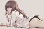  1girl 3_small_spiders ass black_panties brown_hair girls&#039;_frontline hand_up head_rest highres long_hair looking_at_viewer lying no_pants on_stomach panties scar scar_across_eye scar_on_face shirt simple_background ump45_(girls&#039;_frontline) underwear white_shirt 