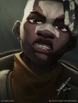  1boy absurdres arcane:_league_of_legends artist_name black_eyes dark-skinned_male dark_skin ekko_(league_of_legends) grey_hair highres hisaeki league_of_legends looking_at_viewer male_focus portrait short_hair signature solo teeth web_address 