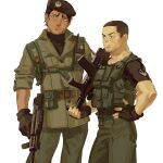  2boys brown_eyes brown_gloves brown_hair brown_headwear brown_shirt chengongzi123 closed_mouth collared_jacket cowboy_shot dark-skinned_male dark_skin facial_hair fingerless_gloves gloves goatee_stubble golden_kamuy green_eyes green_jacket green_pants gun hand_on_own_hip highres holding holding_gun holding_weapon jacket koito_otonoshin load_bearing_vest looking_at_another looking_at_viewer male_focus military multiple_boys pants shirt short_hair short_sleeves simple_background smile standing stubble t-shirt tactical_clothes tsukishima_hajime turtleneck very_short_hair weapon weapon_request white_background 
