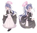 1girl alternate_costume apron black_dress black_footwear blue_archive blue_hair blush boots dress enmaided fubuki_(blue_archive) full_body grey_hair halo highres kanikama_acedia long_hair long_sleeves maid maid_apron multicolored_hair multiple_views pink_halo red_eyes simple_background white_apron white_background 